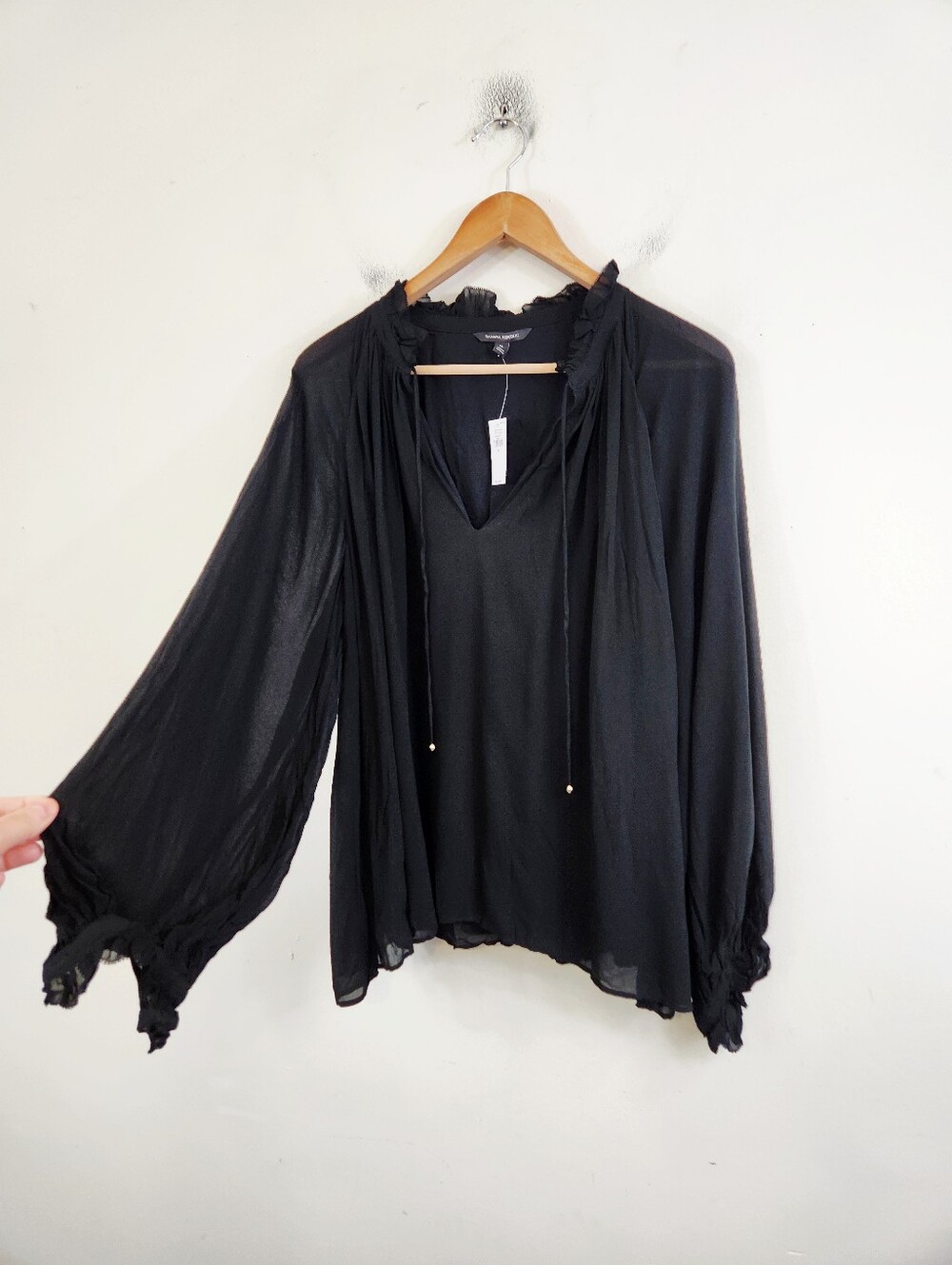 NWT Banana Republic Black Sheer Long-Sleeve Ruffle Tie-Neck Blouse